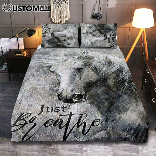 Black And White Horse Just Breathe Quilt Bedding Set Bedroom - Christian Cover Twin Bedding Quilt Bedding Set - Gift For Horse Lover