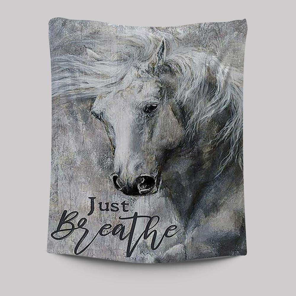 Black And White Horse Just Breathe Tapestry Wall Art - Christian Wall Tapestry - Gift For Horse Lover