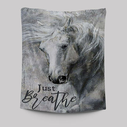 Black And White Horse Just Breathe Tapestry Wall Art - Christian Wall Tapestry - Gift For Horse Lover