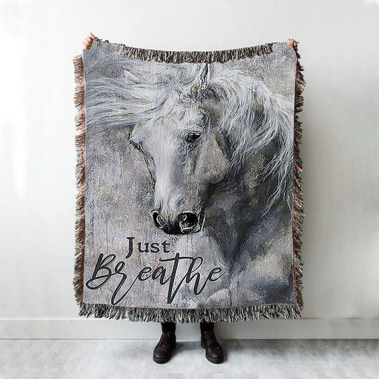 Black And White Horse Just Breathe Woven Throw Blanket - Christian Wall Woven Blanket - Gift For Horse Lover