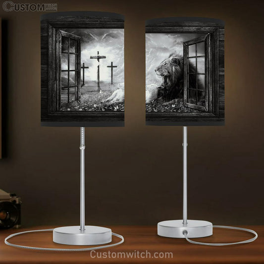 Black And White Lion And Lamb Of God Three Rugged Crosses Lamb Gift Table Lamb - Christian Lamb Gift - Religious Art