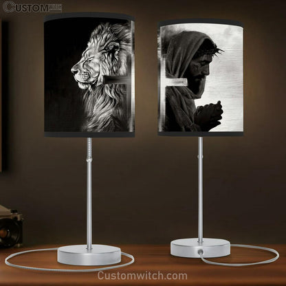 Black And White Lion Of Judah And Jesus Pray Table Lamb Gift - Bible Verse Table Lamb - Religious Bedroom Decor