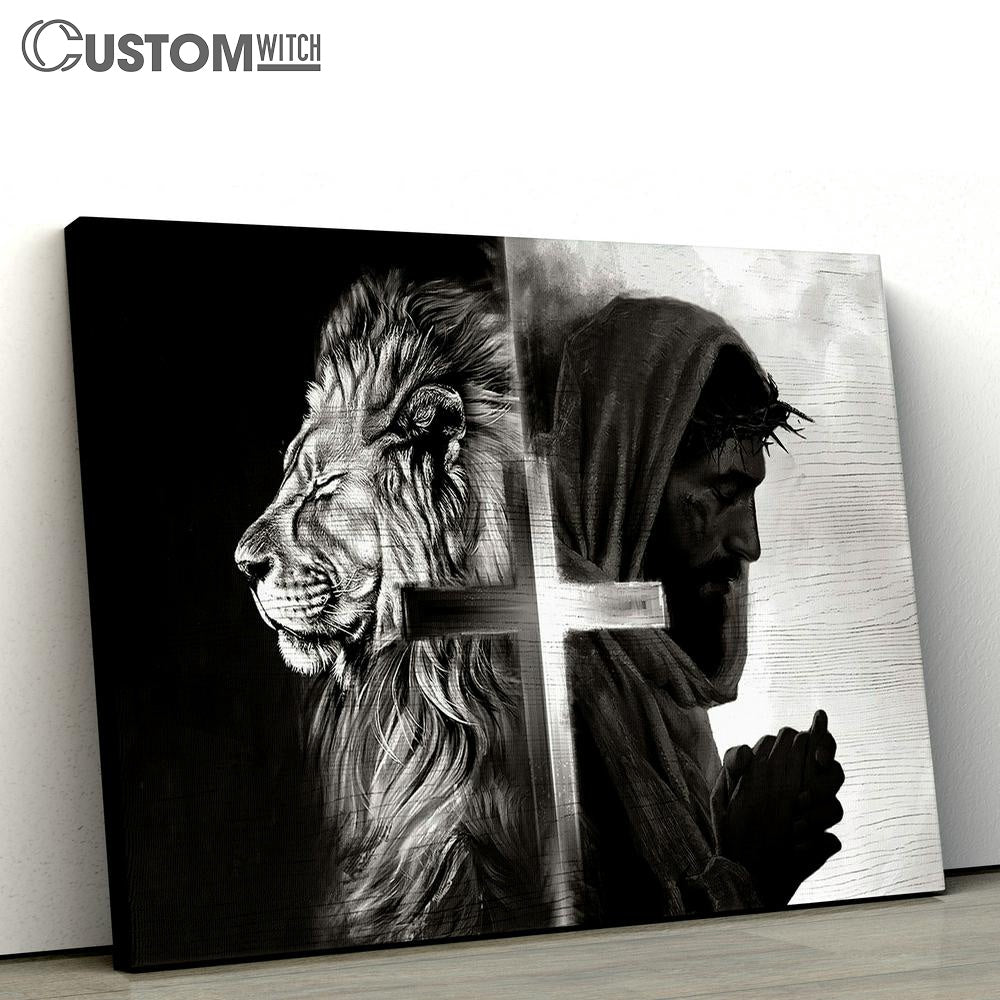 Black And White Lion Of Judah And Jesus Pray Canvas Wall Art - Bible Verse Canvas - Religious Prints