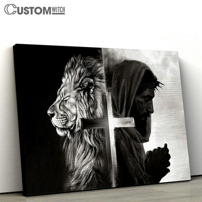 Black And White Lion Of Judah And Jesus Pray Canvas Wall Art - Bible Verse Canvas - Religious Prints