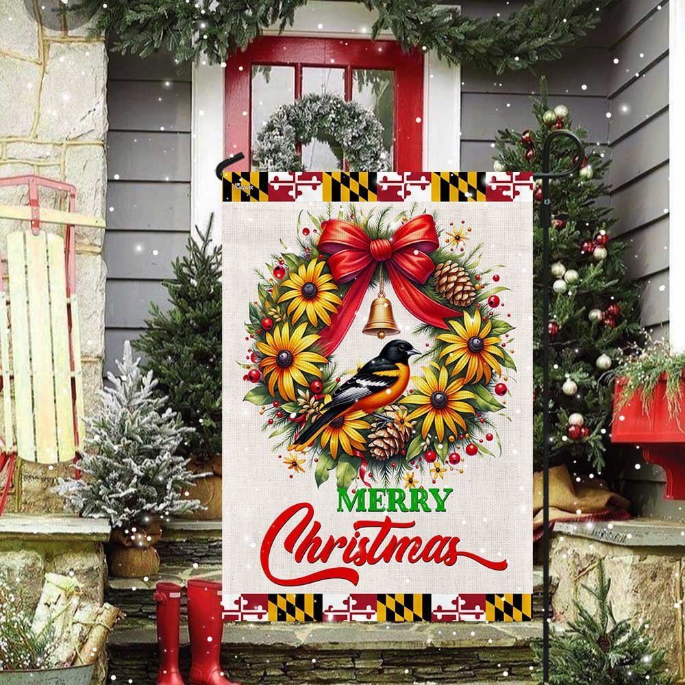 Black Eyed Susan Christmas Wreath And Baltimore Oriole Maryland Flag, Christmas Notre Dame House Flag, Christmas Outdoor Decor Ideas
