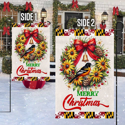 Black Eyed Susan Christmas Wreath And Baltimore Oriole Maryland Flag, Christmas Notre Dame House Flag, Christmas Outdoor Decor Ideas