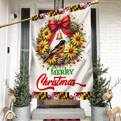 Black Eyed Susan Christmas Wreath And Baltimore Oriole Maryland Flag, Christmas Notre Dame House Flag, Christmas Outdoor Decor Ideas
