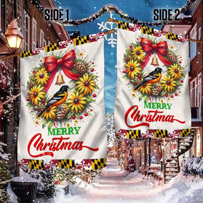 Black Eyed Susan Christmas Wreath And Baltimore Oriole Maryland Flag, Christmas Notre Dame House Flag, Christmas Outdoor Decor Ideas