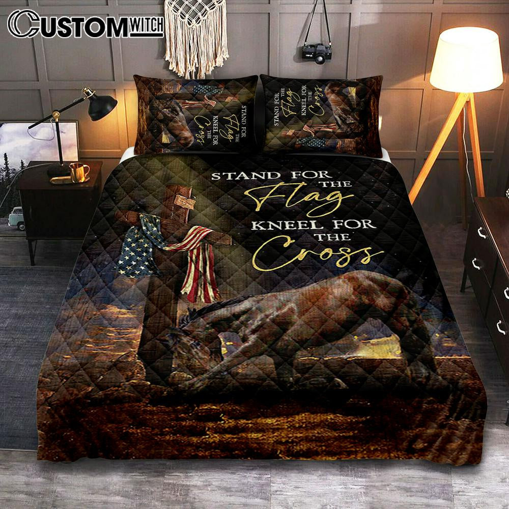 Black Horse Cross Stand For The Flag Quilt Bedding Set Bedroom - Bible Verse Quilt Bedding Set Art - Christian Home Decor