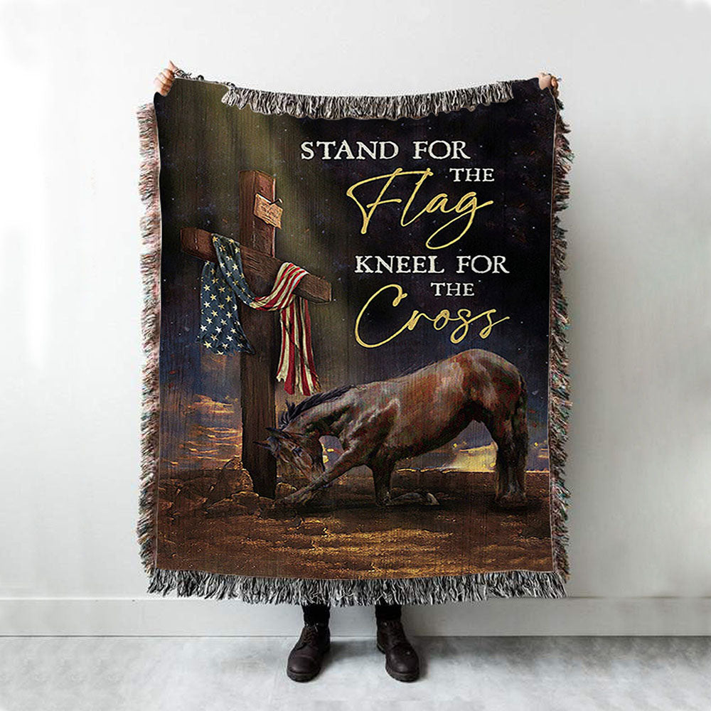 Black Horse Cross Stand For The Flag Woven Throw Blanket - Bible Verse Woven Blanket Art - Inspirational Art - Christian Home Decor