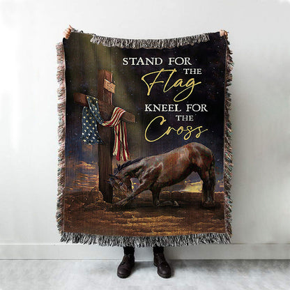 Black Horse Cross Stand For The Flag Woven Throw Blanket - Bible Verse Woven Blanket Art - Inspirational Art - Christian Home Decor