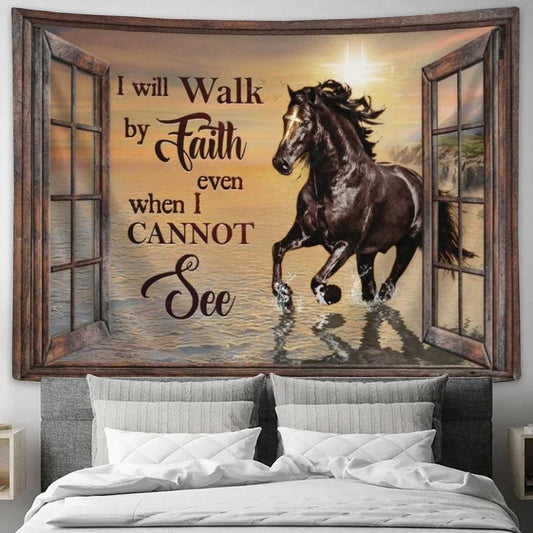 Black Horse, Pretty Sunset, I Will Walk By Faith Tapestry, Tapestries for Living Room Bedroom