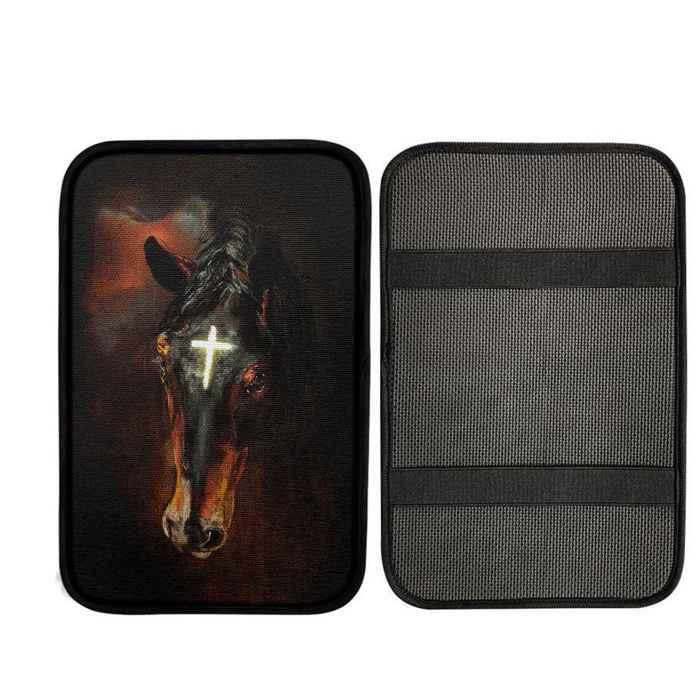 Black Horse Shinning Cross The Incredible Horse Car Center Console Cover, Christian Auto Armrest Cover
