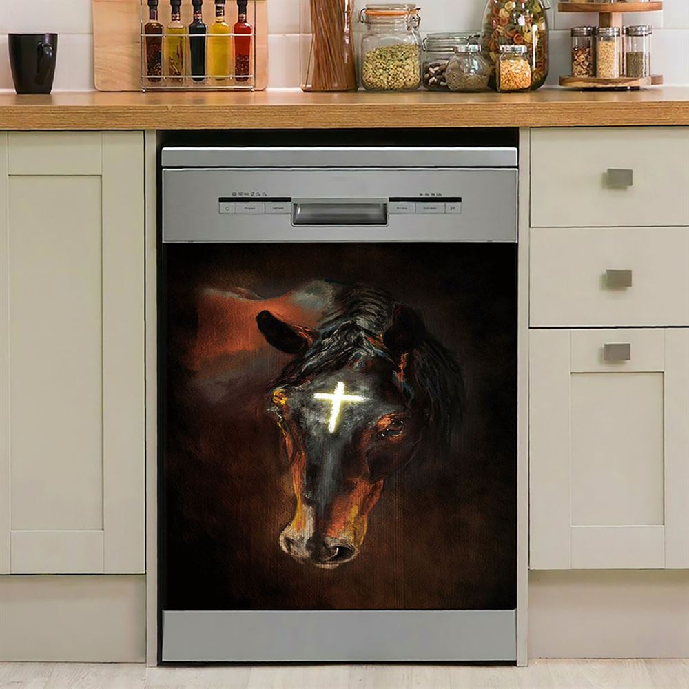 Black Horse Shinning Cross The Incredible Horse Dishwasher Cover, Bible Verse Dishwasher Magnet Cover, Inspirational Kitchen Decor
