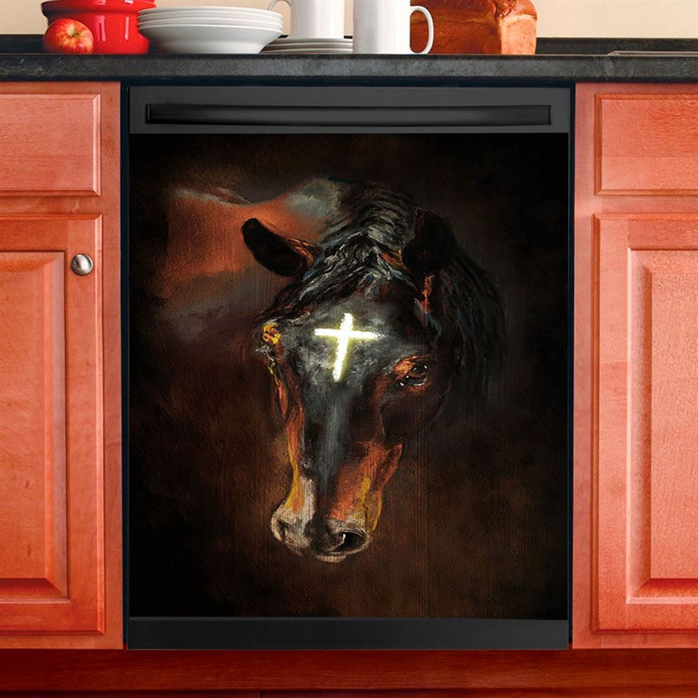 Black Horse Shinning Cross The Incredible Horse Dishwasher Cover, Bible Verse Dishwasher Magnet Cover, Inspirational Kitchen Decor
