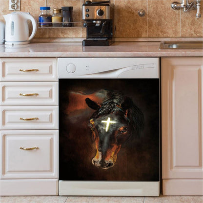Black Horse Shinning Cross The Incredible Horse Dishwasher Cover, Bible Verse Dishwasher Magnet Cover, Inspirational Kitchen Decor