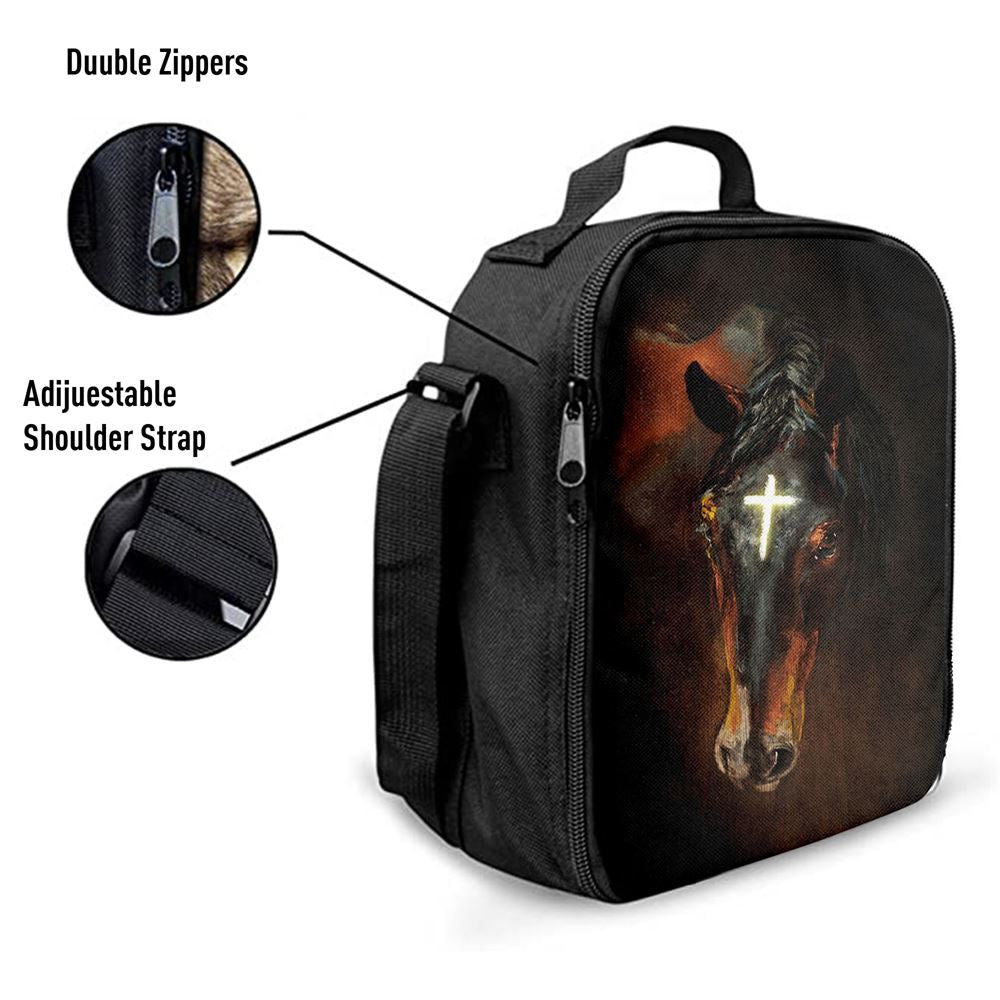 Black Horse Shinning Cross The Incredible Horse Lunch Bag, Christian Lunch Bag For School, Picnic, Religious Lunch Bag