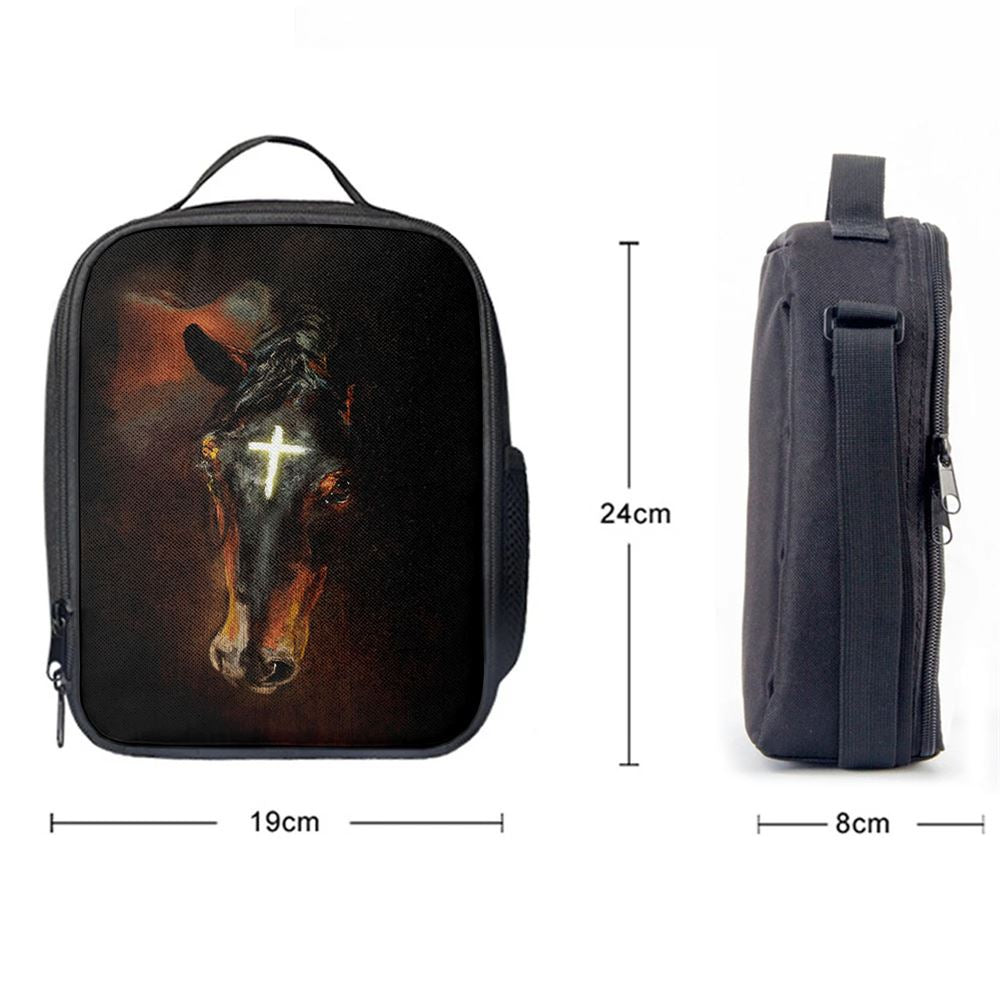 Black Horse Shinning Cross The Incredible Horse Lunch Bag, Christian Lunch Bag For School, Picnic, Religious Lunch Bag
