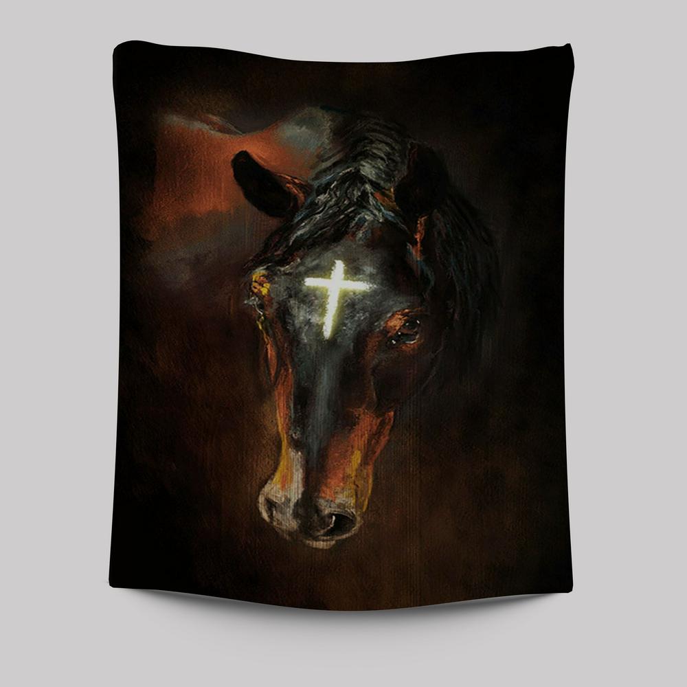 Black Horse Shinning Cross The Incredible Horse Tapestry Wall Art - Bible Verse Tapestry Art - Inspirational Art -  Christian Indoor Wall Tapestries