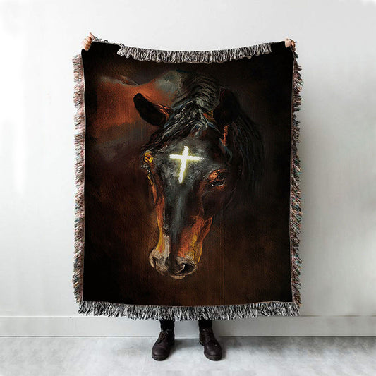 Black Horse Shinning Cross The Incredible Horse Woven Throw Blanket - Bible Verse Woven Blanket Art - Inspirational Art - Christian Home Decor