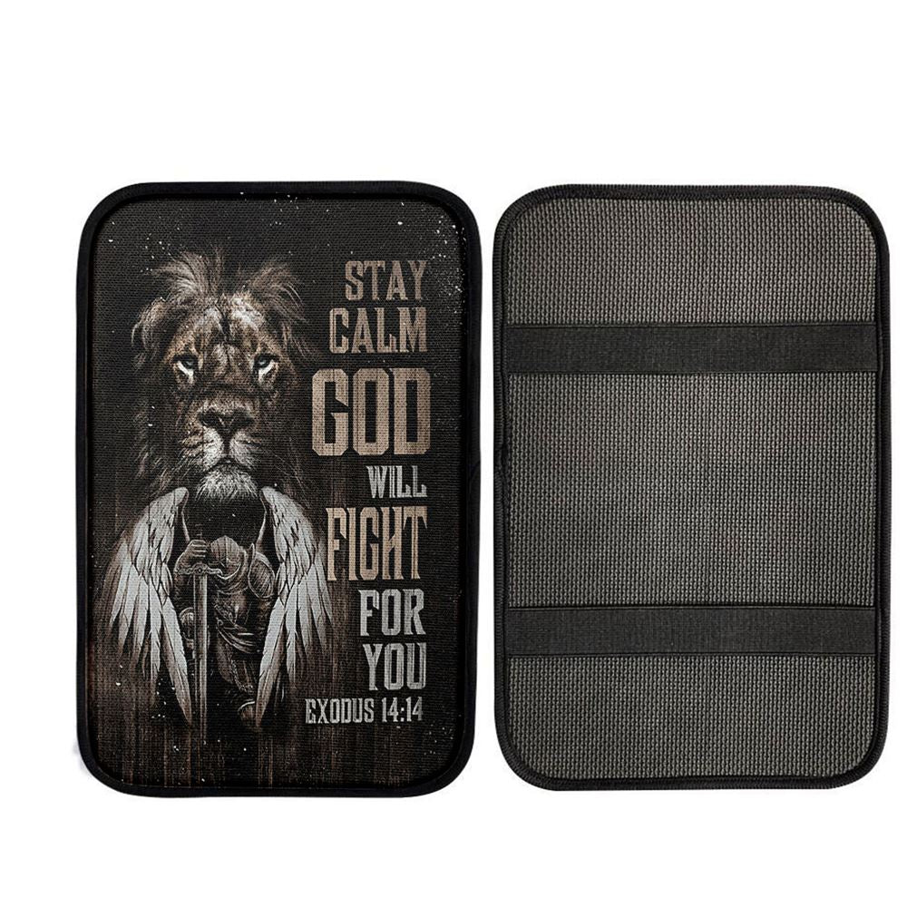 Black Lion Warrior God Will Fight For You Car Center Console Cover, Christian Auto Armrest Cover