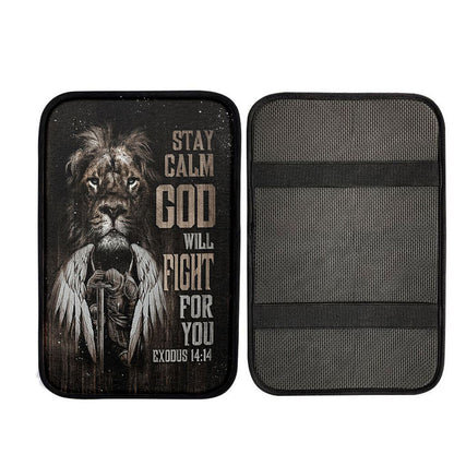 Black Lion Warrior God Will Fight For You Car Center Console Cover, Christian Auto Armrest Cover