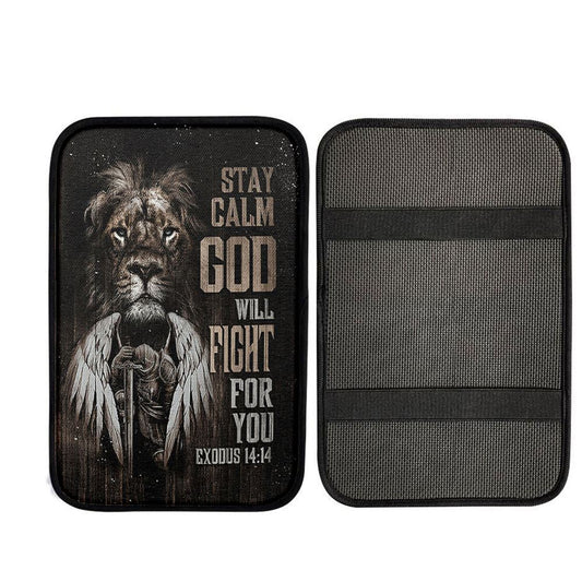 Black Lion Warrior God Will Fight For You Car Center Console Cover, Christian Auto Armrest Cover
