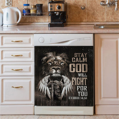Black Lion Warrior God Will Fight For You Dishwasher Cover, Bible Verse Dishwasher Magnet Cover, Inspirational Kitchen Decor