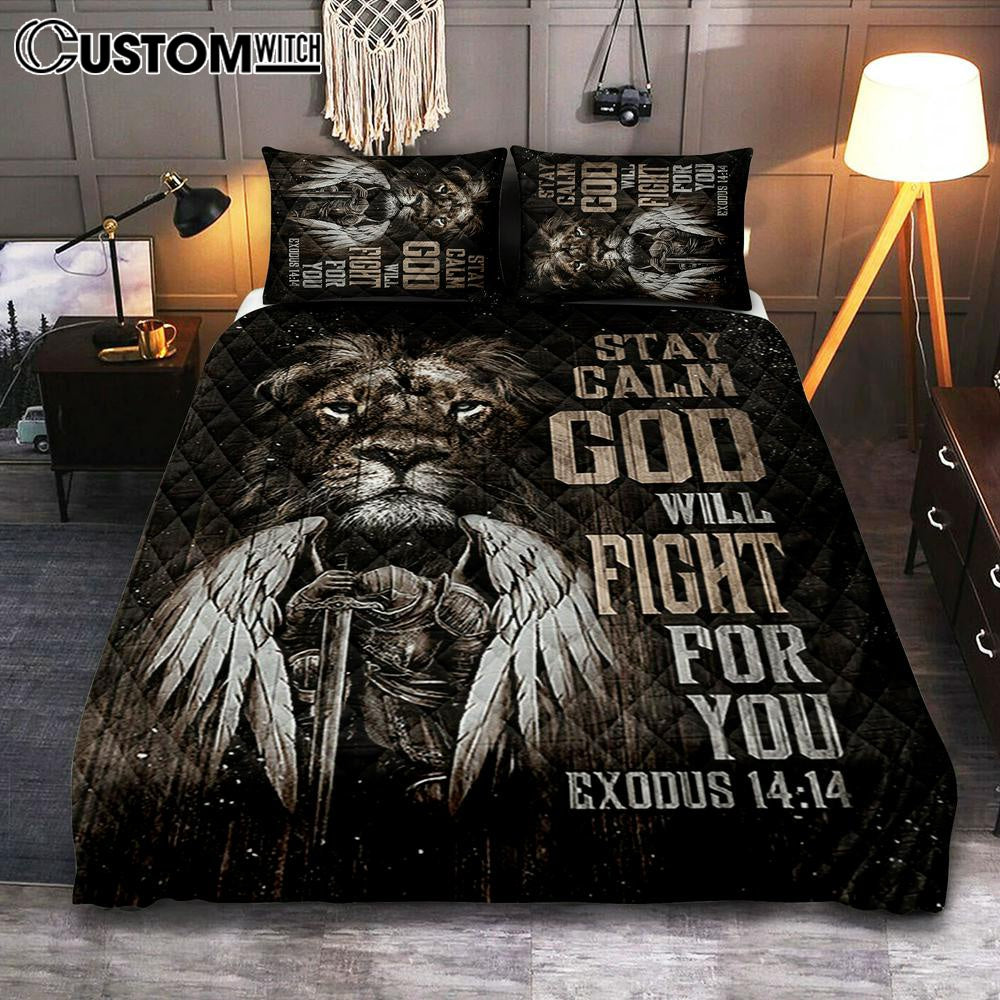 Black Lion Warrior God Will Fight For You Quilt Bedding Set Bedroom - Bible Verse Quilt Bedding Set Art - Christian Home Decor