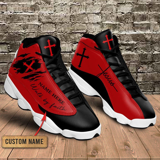 Black Red Walk By Faith Jesus Custom Name Jd13 Shoes For Man And Women, Christian Basketball Shoes, Gifts For Christian, God Shoes