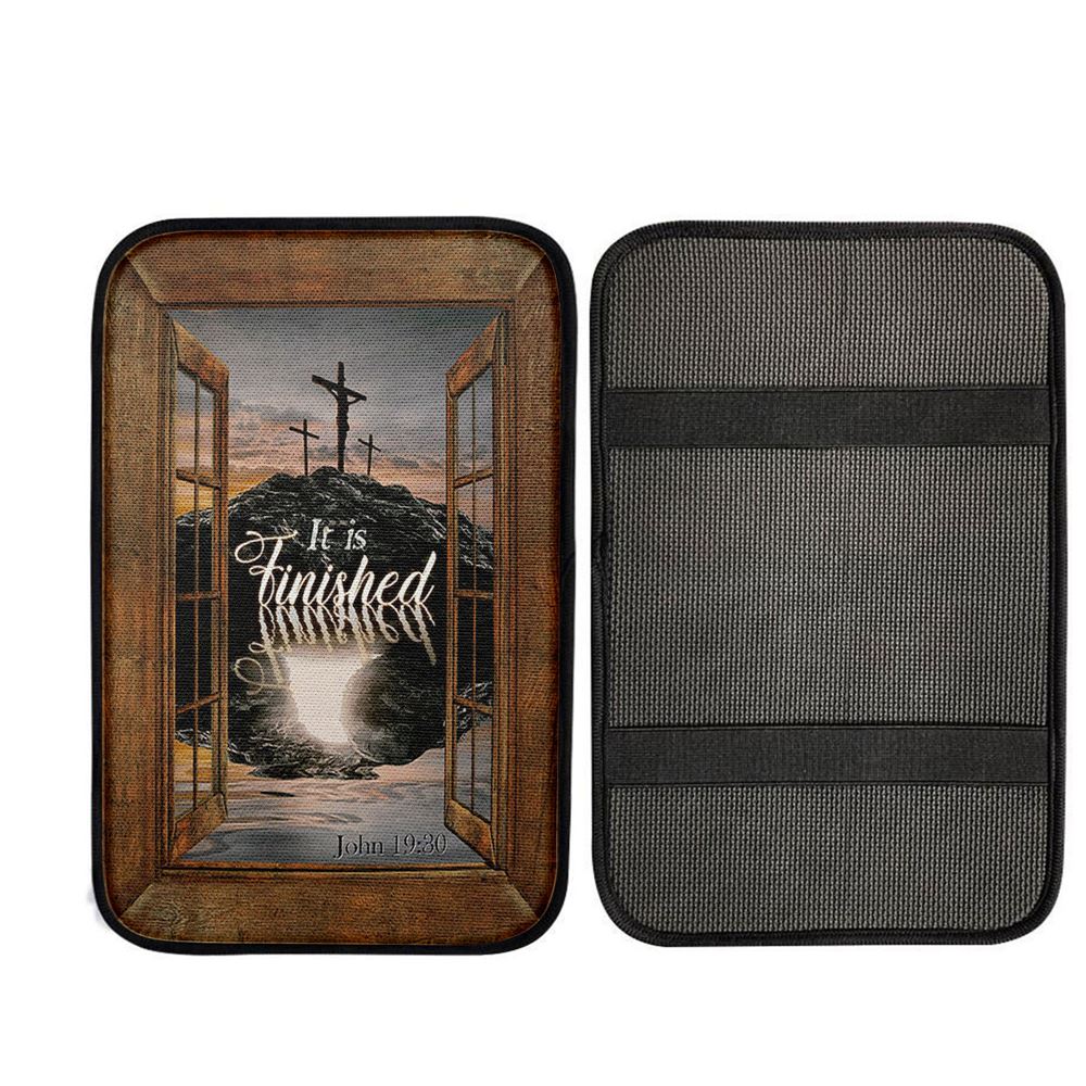 Black Rock Mountain Wooden Cross It Is Finished Car Center Console Cover, Christian Auto Armrest Cover