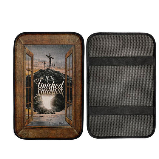 Black Rock Mountain Wooden Cross It Is Finished Car Center Console Cover, Christian Auto Armrest Cover