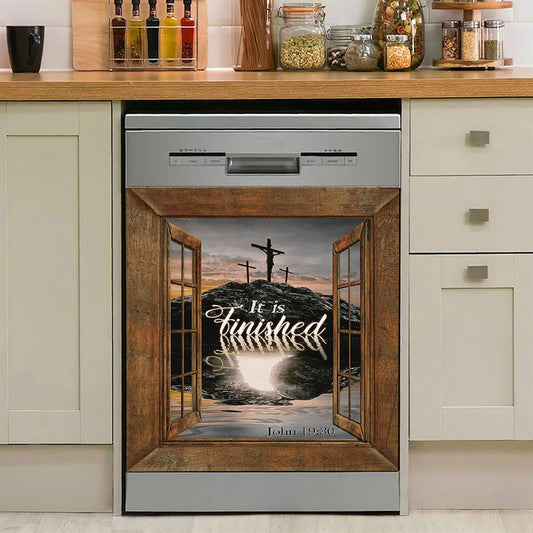 Black Rock Mountain Wooden Cross It Is Finished Dishwasher Cover, Bible Verse Dishwasher Magnet Cover, Inspirational Kitchen Decor