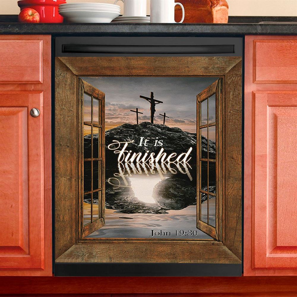 Black Rock Mountain Wooden Cross It Is Finished Dishwasher Cover, Bible Verse Dishwasher Magnet Cover, Inspirational Kitchen Decor
