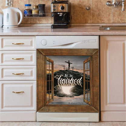 Black Rock Mountain Wooden Cross It Is Finished Dishwasher Cover, Bible Verse Dishwasher Magnet Cover, Inspirational Kitchen Decor