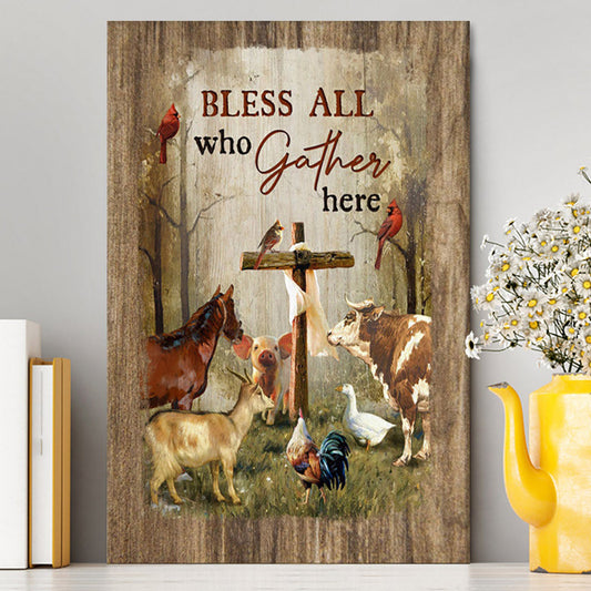 Bless All Who Gather Here Animals Wooden Cross Forest View Red Cardinal Canvas Wall Art - Christian Canvas Prints