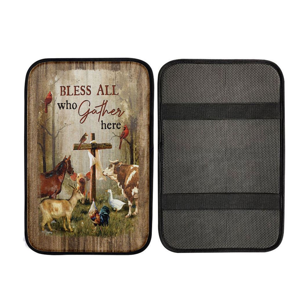 Bless All Who Gather Here Animals Wooden Cross Forest View Red Cardinal Car Center Console Cover, Christian Auto Armrest Cover