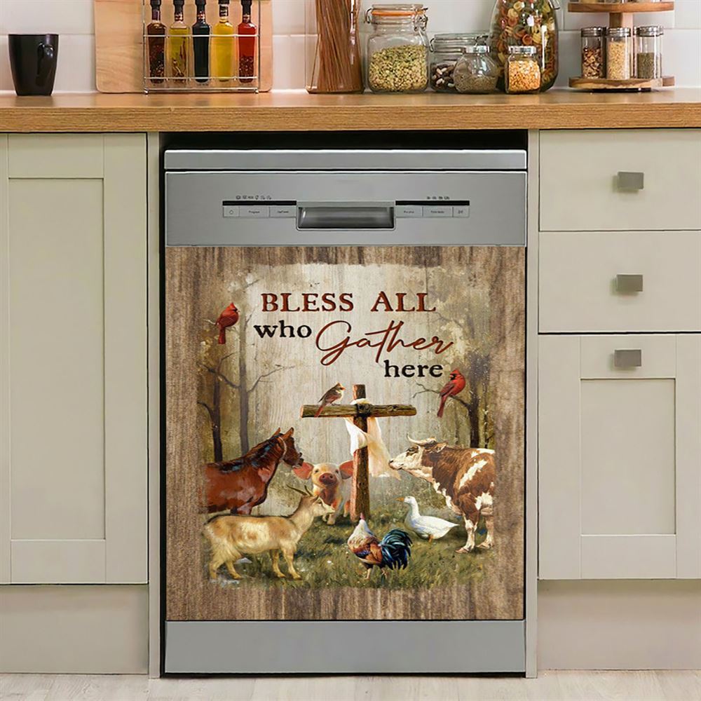 Bless All Who Gather Here Animals Wooden Cross Forest View Red Cardinal Dishwasher Cover, Christian Dishwasher Magnet Cover
