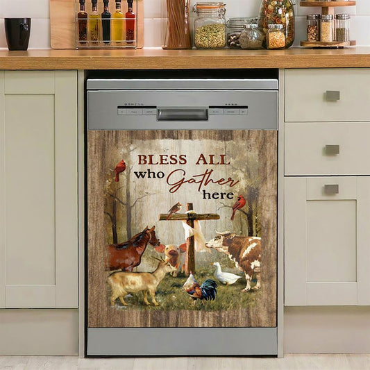 Bless All Who Gather Here Animals Wooden Cross Forest View Red Cardinal Dishwasher Cover, Christian Dishwasher Magnet Cover
