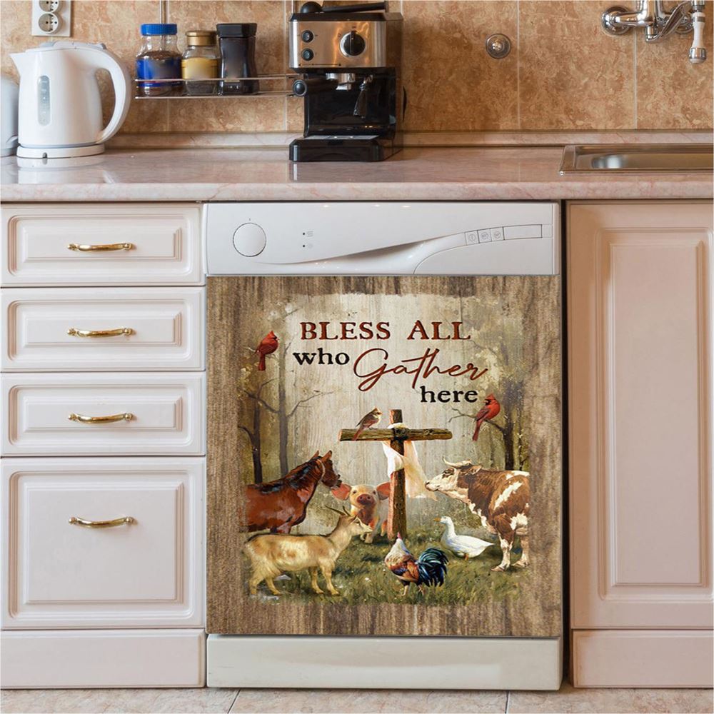 Bless All Who Gather Here Animals Wooden Cross Forest View Red Cardinal Dishwasher Cover, Christian Dishwasher Magnet Cover
