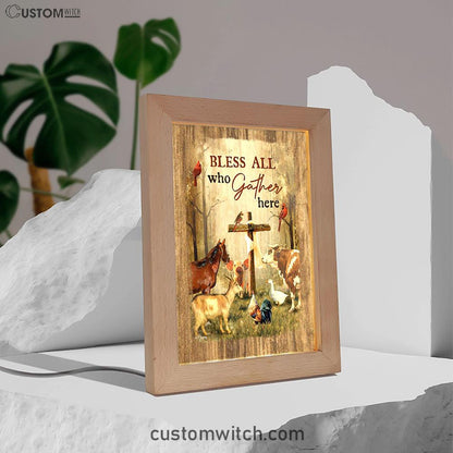 Bless All Who Gather Here Animals Wooden Cross Forest View Red Cardinal Frame Lamp Art - Christian Night Light
