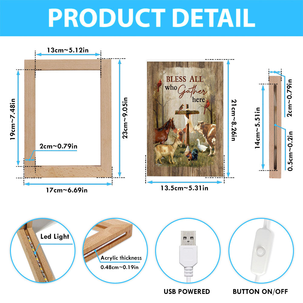 Bless All Who Gather Here Animals Wooden Cross Forest View Red Cardinal Frame Lamp Art - Christian Night Light