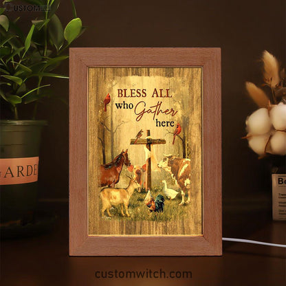 Bless All Who Gather Here Animals Wooden Cross Forest View Red Cardinal Frame Lamp Art - Christian Night Light