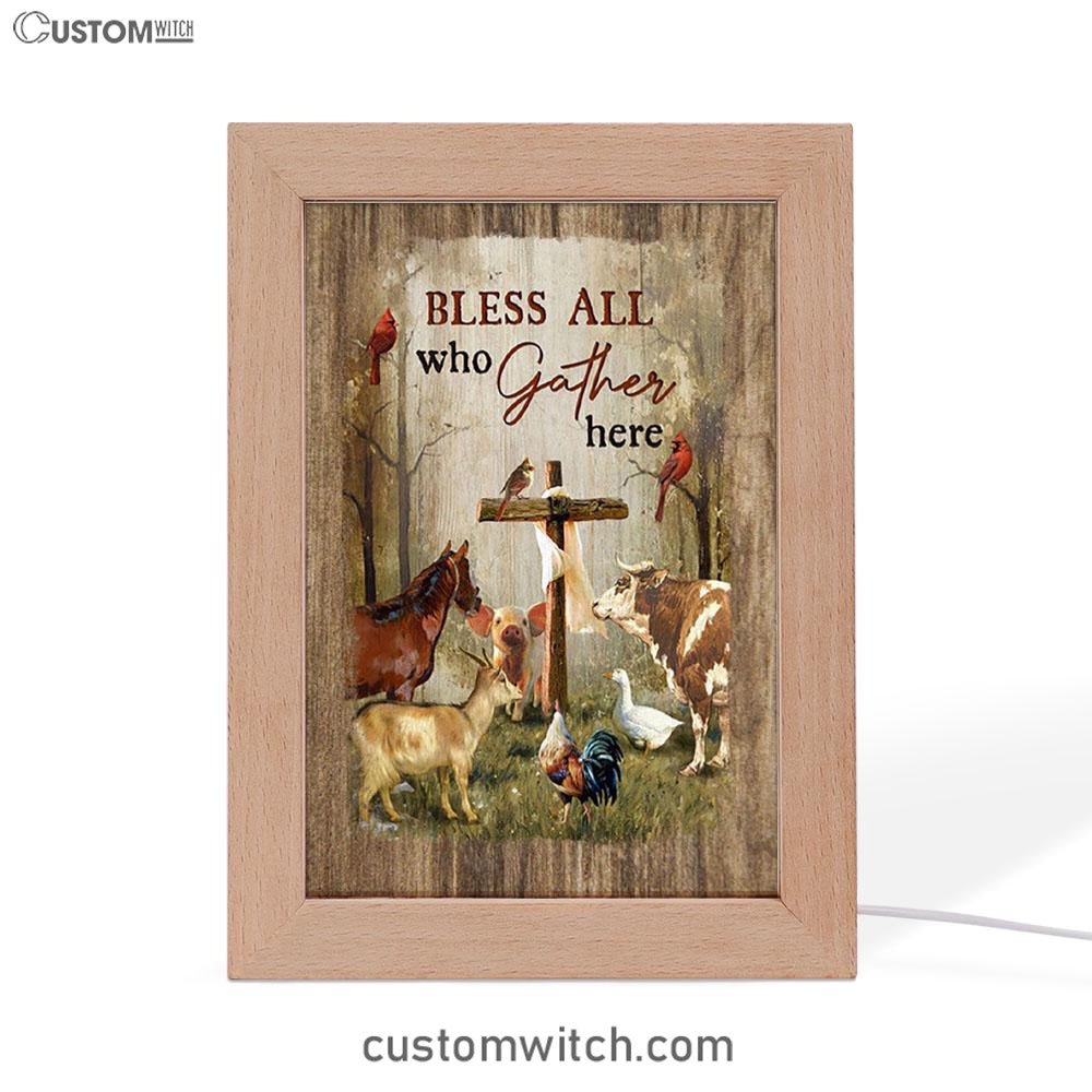 Bless All Who Gather Here Animals Wooden Cross Forest View Red Cardinal Frame Lamp Art - Christian Night Light