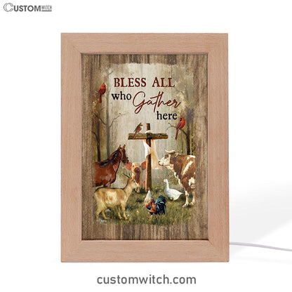 Bless All Who Gather Here Animals Wooden Cross Forest View Red Cardinal Frame Lamp Art - Christian Night Light
