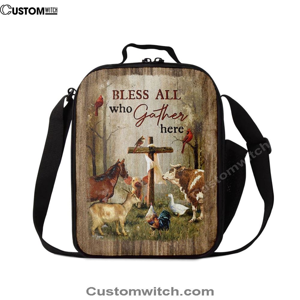 Bless All Who Gather Here Animals Wooden Cross Forest View Red Cardinal Lunch Bag, Christian Lunch Bag For School, Picnic, Religious Lunch Bag