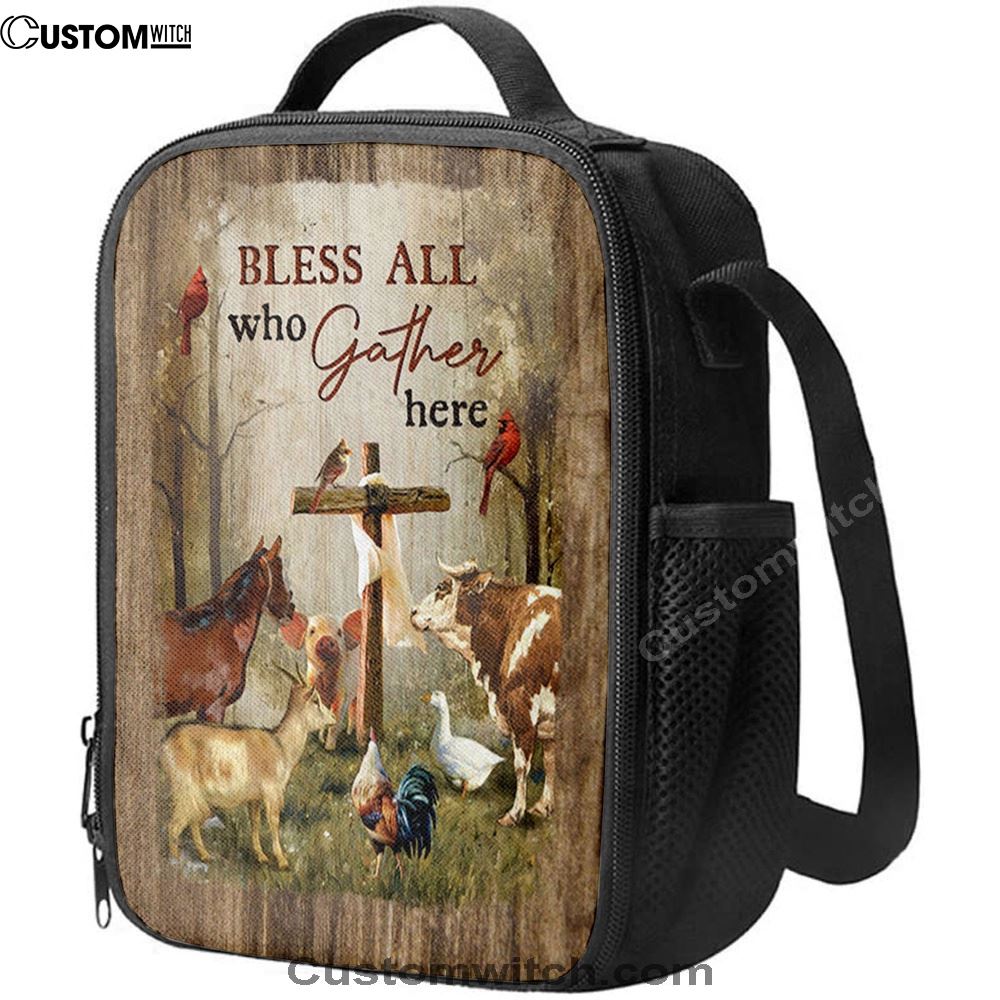 Bless All Who Gather Here Animals Wooden Cross Forest View Red Cardinal Lunch Bag, Christian Lunch Bag For School, Picnic, Religious Lunch Bag