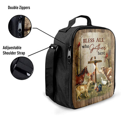 Bless All Who Gather Here Animals Wooden Cross Forest View Red Cardinal Lunch Bag, Christian Lunch Bag For School, Picnic, Religious Lunch Bag