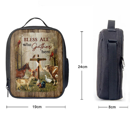 Bless All Who Gather Here Animals Wooden Cross Forest View Red Cardinal Lunch Bag, Christian Lunch Bag For School, Picnic, Religious Lunch Bag