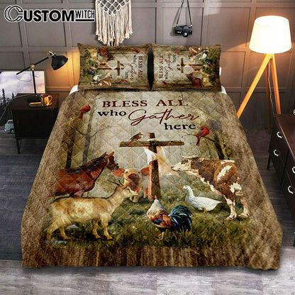 Bless All Who Gather Here Animals Wooden Cross Forest View Red Cardinal Quilt Bedding Set Bedroom - Christian Quilt Bedding Set Prints